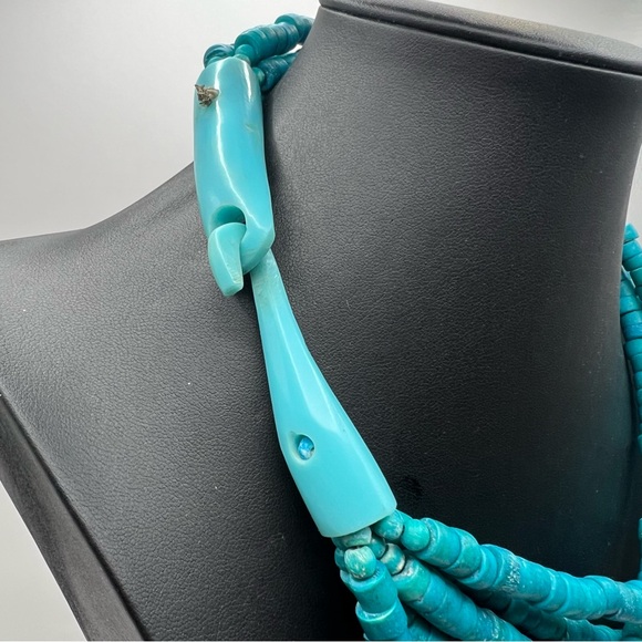 Vintage Monies Horn Clasp Multistrand Hand Dyed Turquoise Wood Bead Necklace - Picture 3 of 11